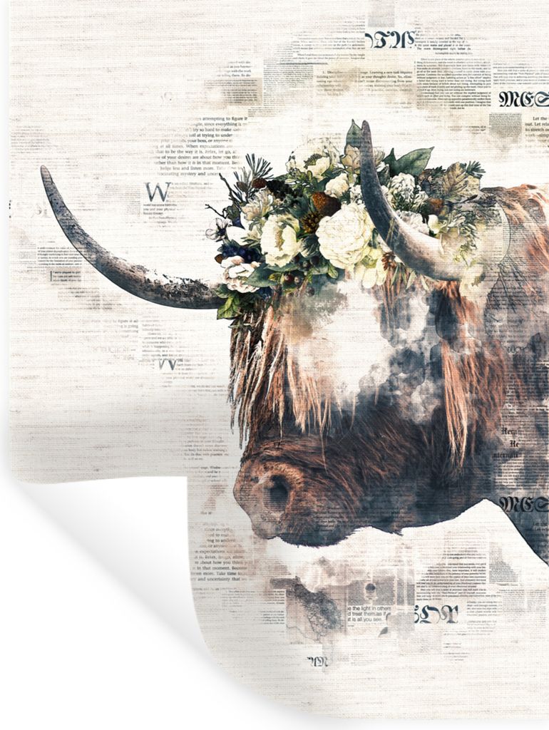 MuchoWow Wandtattoo Wandsticker Wandaufkleber Scottish Highlander - Blumen - Zeitungsartikel 90x120 cm Selbstklebend und Repositionierbar - Falte...