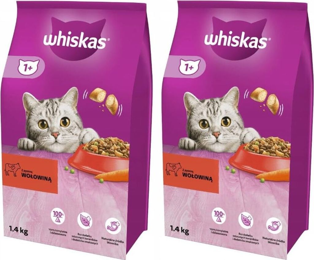 Whiskas Adult 1+ Katzentrockenfutter mit Rind, 2 Beutel, 2x1,4kg