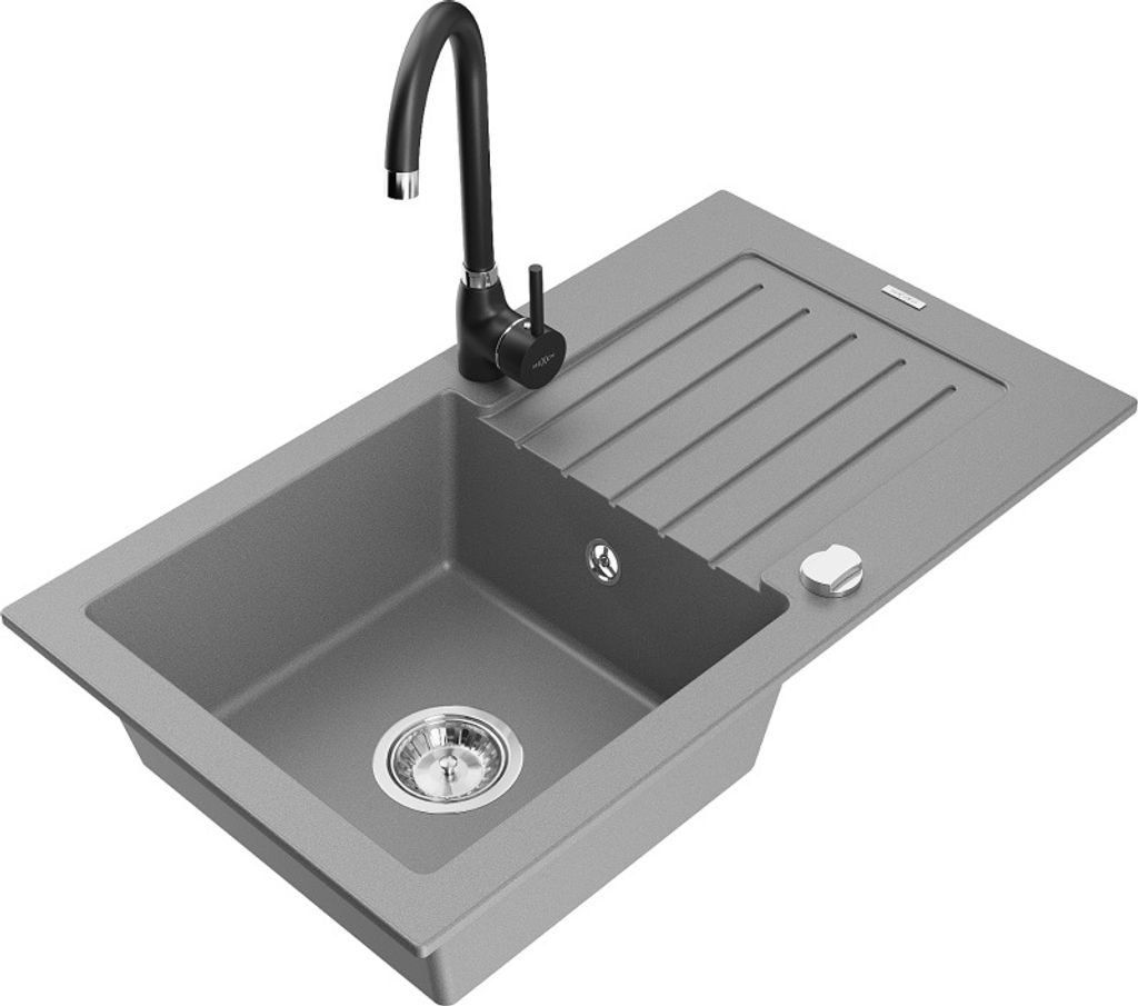 Mexen Pablo 1 Becken-Granitspüle mit Abtropffläche und Mischbatterie Telma, Grau - 6510-71-670200-70