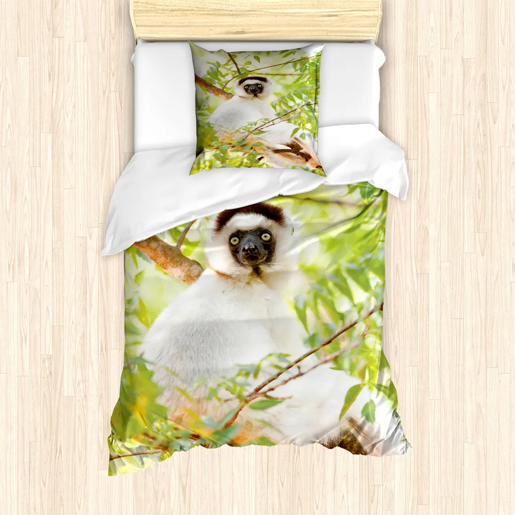 ABAKUHAUS Set copripiumino per letto singolo Lemur, foto Larvensifaka selvaggio, antiacaro, adatto a chi soffre di allergie, con federa, 135 cm x 200 cm - 80 x 80 cm, verde mela multicolore