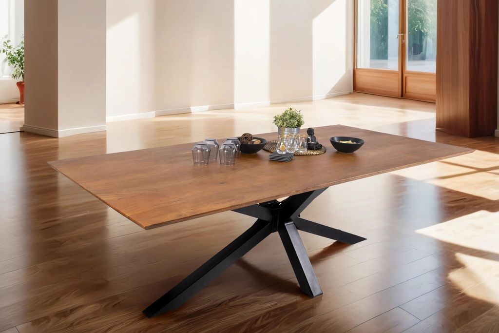 Esstisch 280x100 cm Abby, Akazienholz massiv + nussbaumfarben, Esszimmertisch mit Schweizer Kante, Spider-Metallgestell Schwarz, massiver Holztisch...