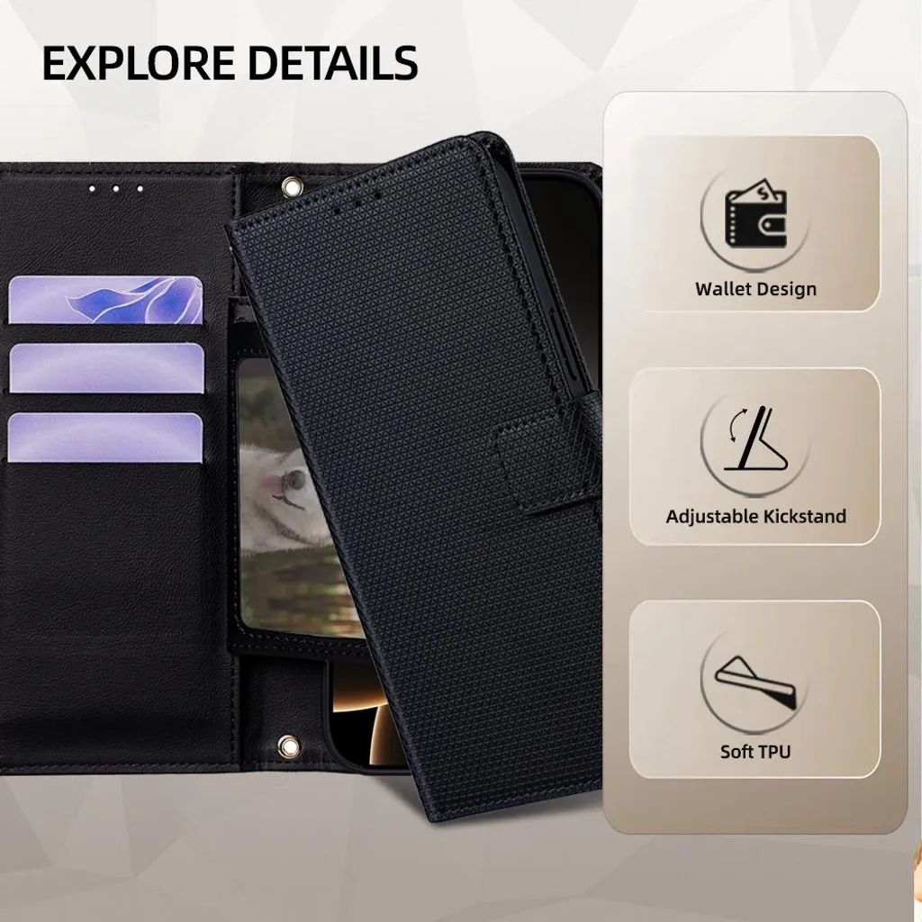 INF Custodia a libro per iPhone 15 Pro Max, PU+TPU, nera, con supporto e porta carte - 2