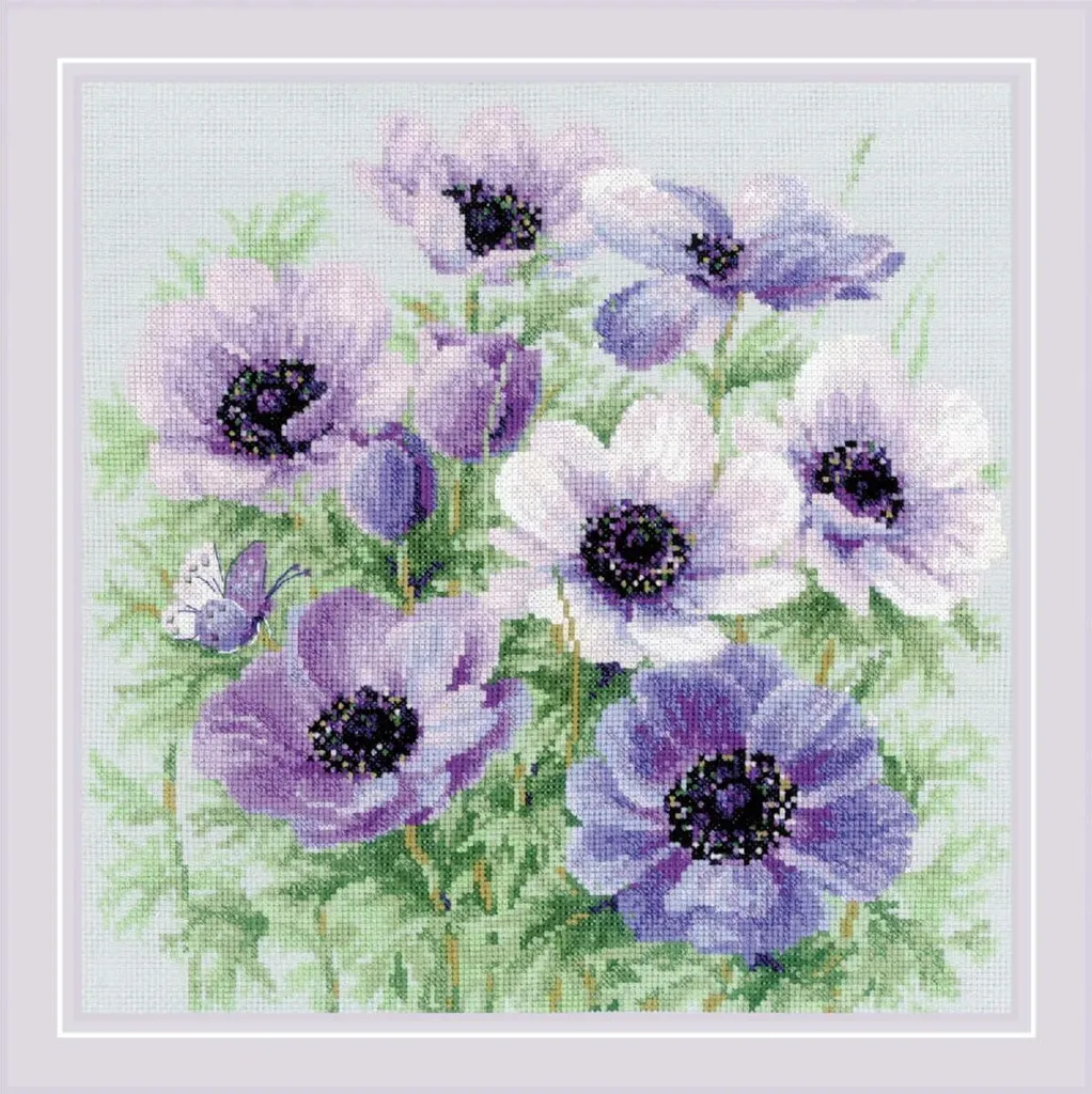 Point de Croix Anémones Violettes Riolis avec Fils de Laine 30x30 cm