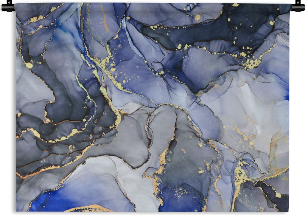 MuchoWow Wandteppich Wandbehang Marmor - Gold - Abstrakt - Blau 120x90 cm Tapisserie Dekoration Wandtuch - Wohnen - Aufhänger für die Wand