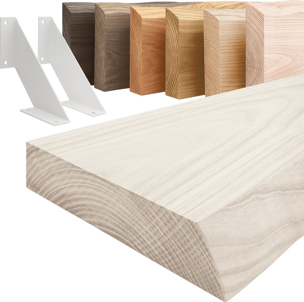 LAMO Manufaktur Wandregal Holz Baumkante | Regal Farbe: Weiß | mit weißem Vintage Regalträger | 40 cm