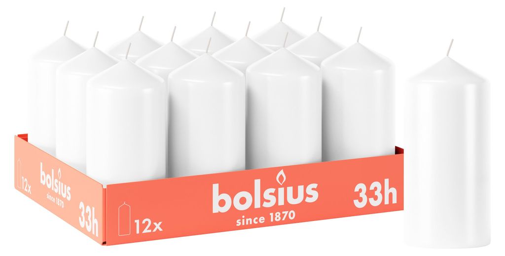 Bolsius 12er Set glatte StumpenKerzen, 12cm, weiß Produktbild 