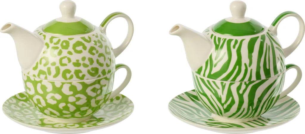 J-Line Théière Léopard et Zèbre en Porcelaine Vert Blanc Assortis 2 pcs