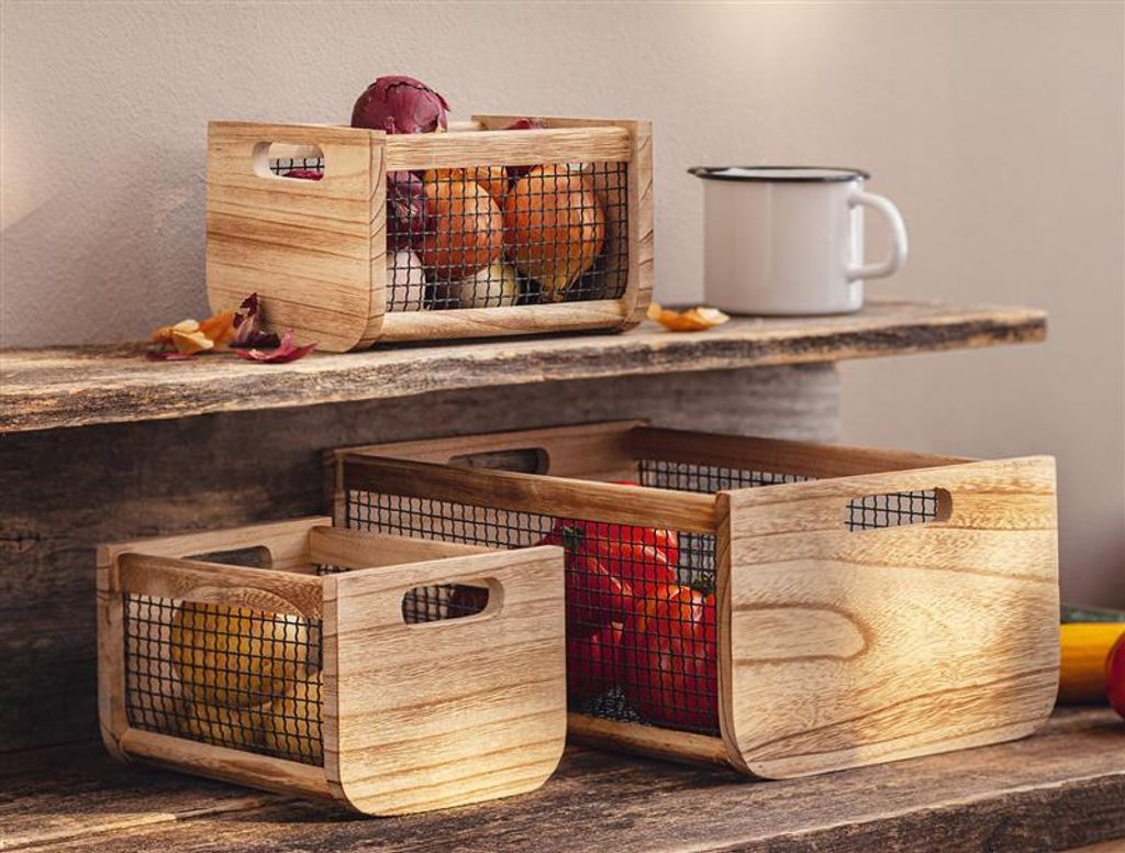 Holzkiste "Trend" mit Metall im 3er Set, Obstkorb, Aufbewahrung, Küche, Deko