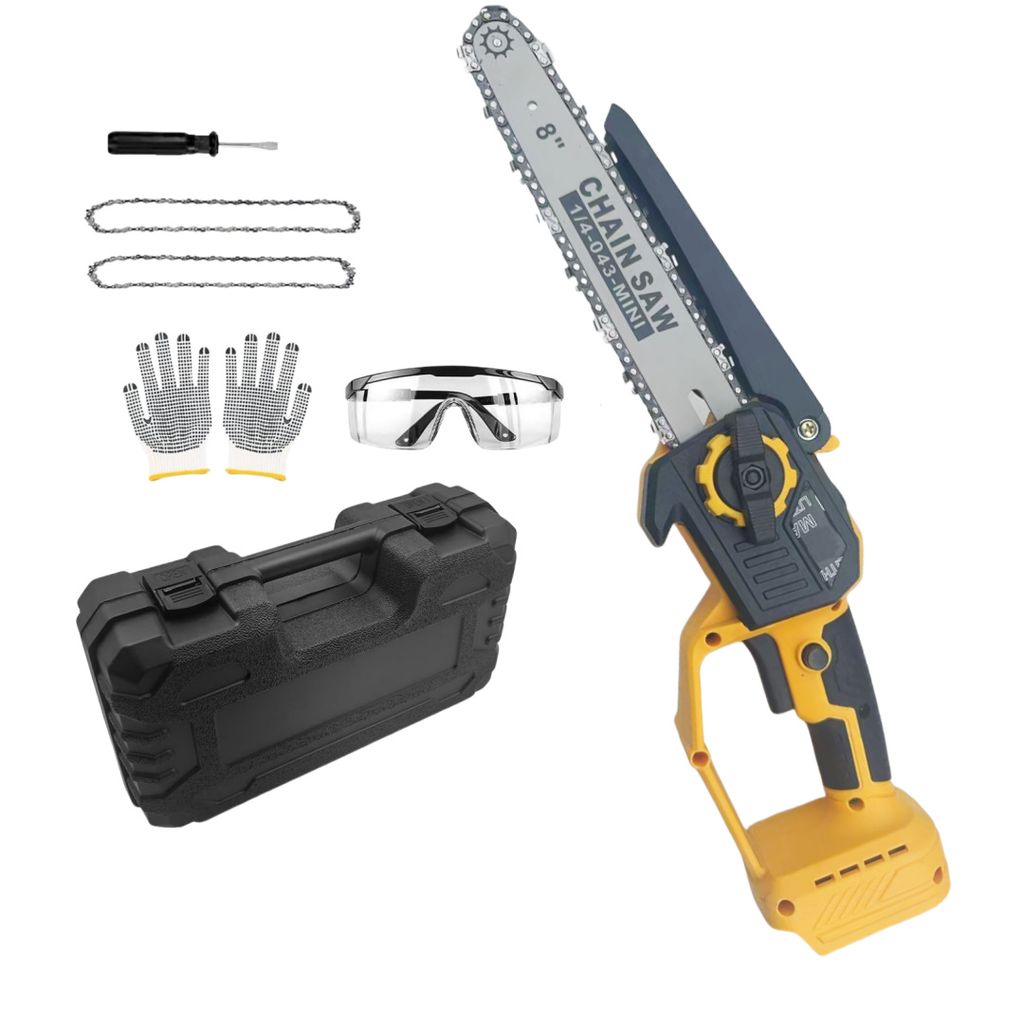 Mini-Kettensäge, Schnurlose Astkettensäge mit Sicherheitsschloss und Ersatzkette, batteriebetrieben für Holzschnitt, Baumtrimmen, Camping (2 Akku)