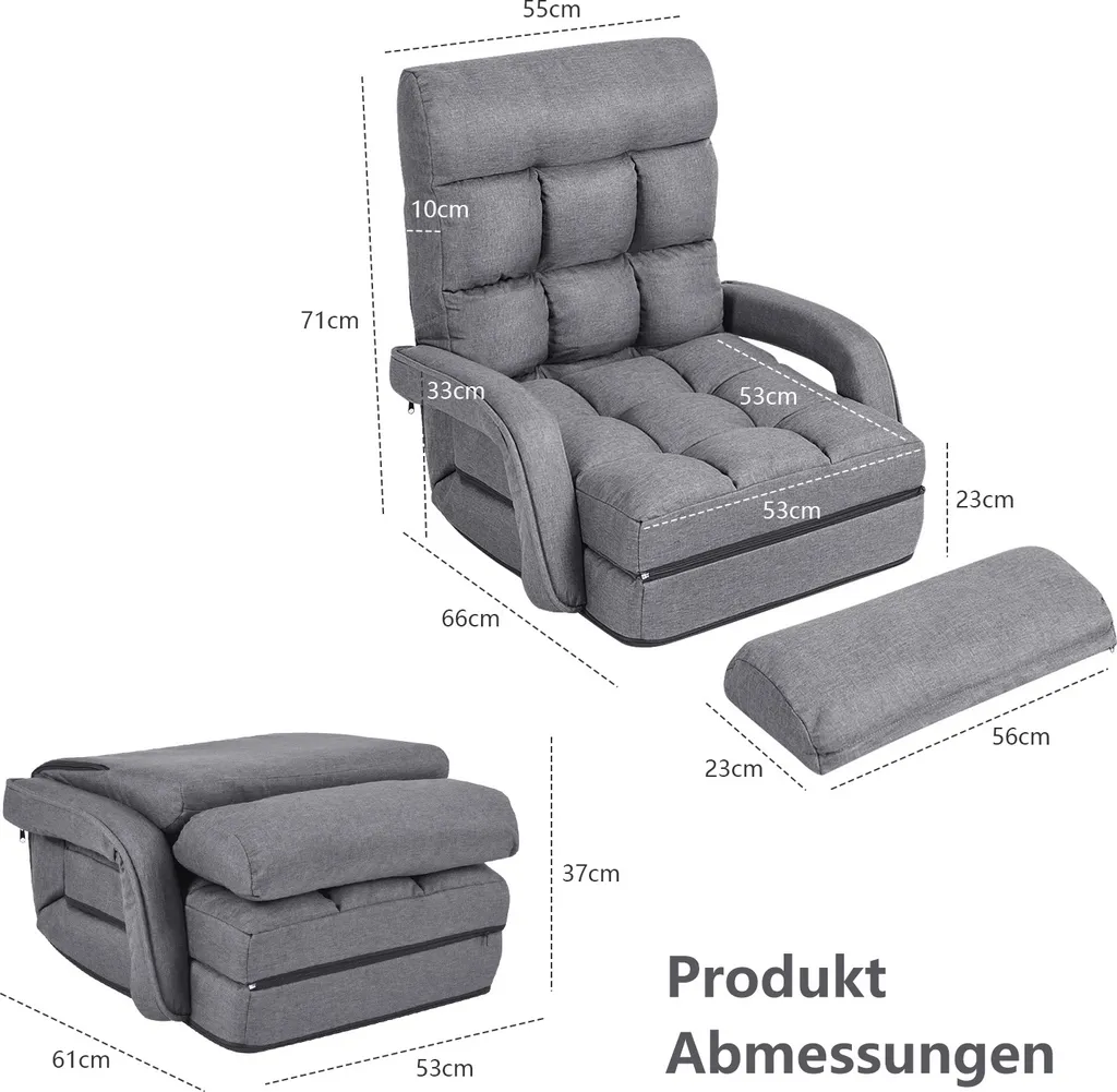 Canapé de sol pliable gris : solution gain de place et confort dos réglable