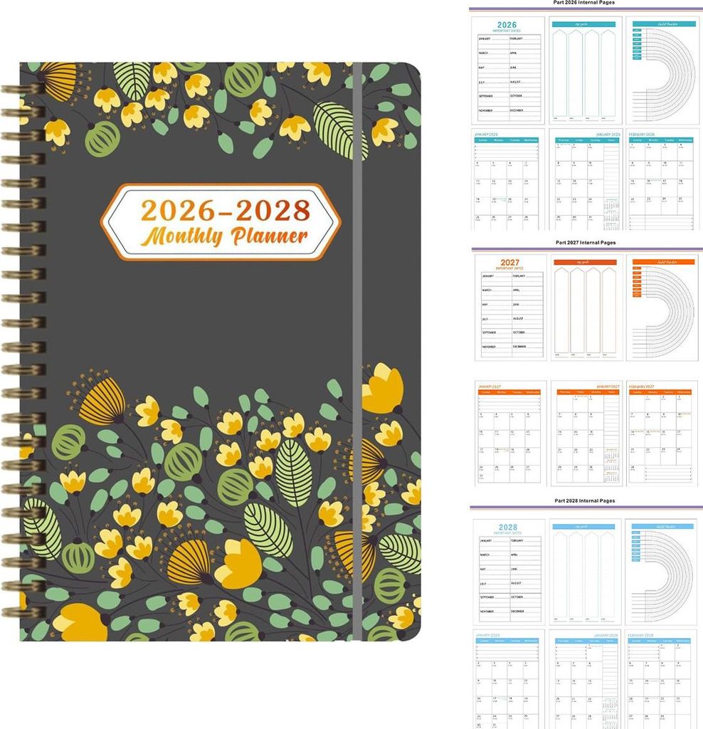 3-Jahres-Kalender, 2026-2028 Buchkalender Monatsplaner Spiralbindung, 36-Monate Terminplaner für Schule & Büro
