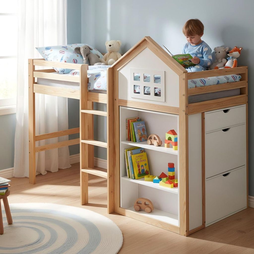 Hochbett Kinderbett 90x200cm mit Staufächern und Schubladen Stabile Stufen Sicherheitsgeländer Kiefer MDF Weiß Natur ohne Matratze