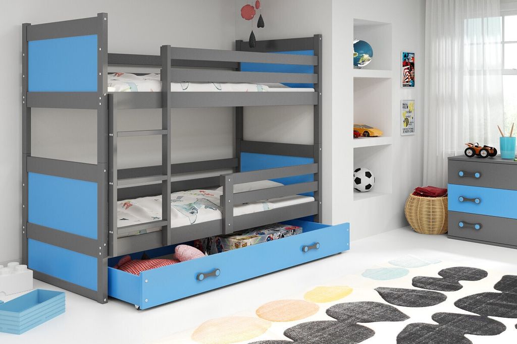 Kinderhochbett mit Stauraum und Matratzen 80x160 FERGUS – Graphit / Blau