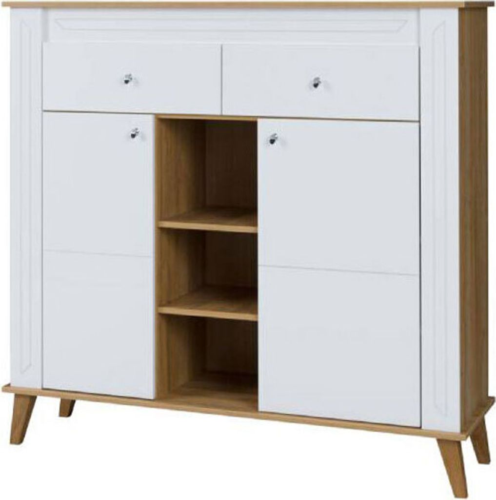 Vitrine Bambey 05, Farbe: Eiche / Weiß - 130 x 134 x 44 cm (H x B x T)
