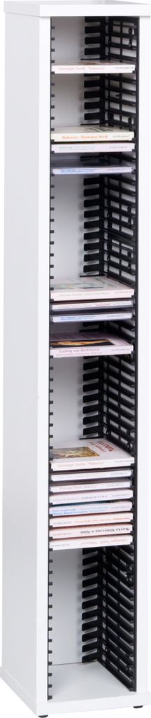 A tall, narrow white CD storage rack filled with CDs.