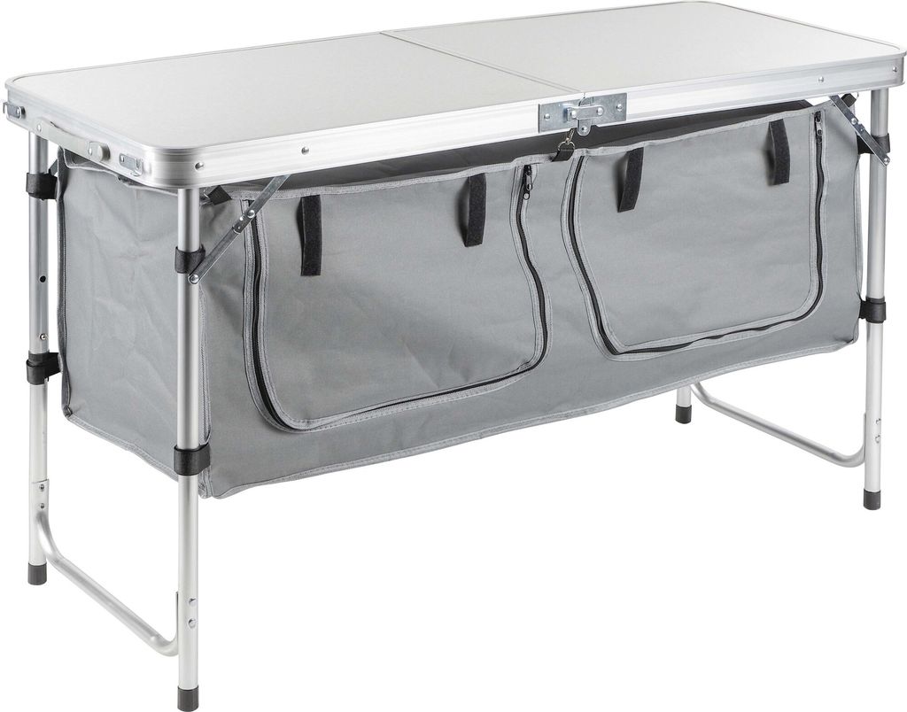 Campingtisch – Klappbarer Camping- und Gartentisch – Höhenverstellbar – Mit Staufach – Aluminium & MDF – 120 x 47 cm – Für Outdoor, U...
