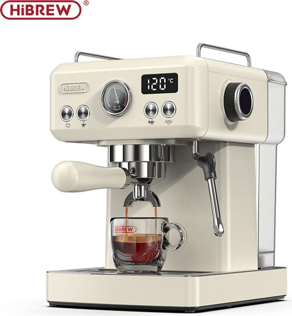 A beige espresso machine is shown in operation, with coffee brewing into a glass cup.