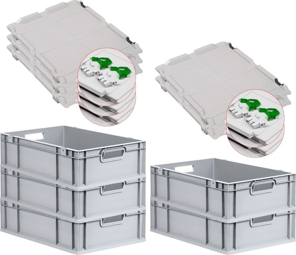 SuperSparSet 5x Eurobox NextGen Grip mit Scharnierdeckel und grünen Schiebeschnappverschlüssen | HxBxT 17x40x60cm | 34 Liter | Grau | Griffe offe...