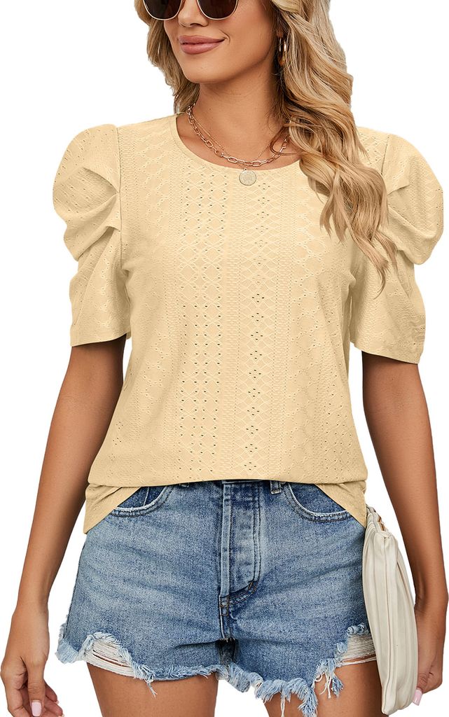 ASKSA Damen T-Shirt Puffärmel Shirts Einfarbige Tops Rundhals Kurzarm Sommer Oberteil, Gelb, S