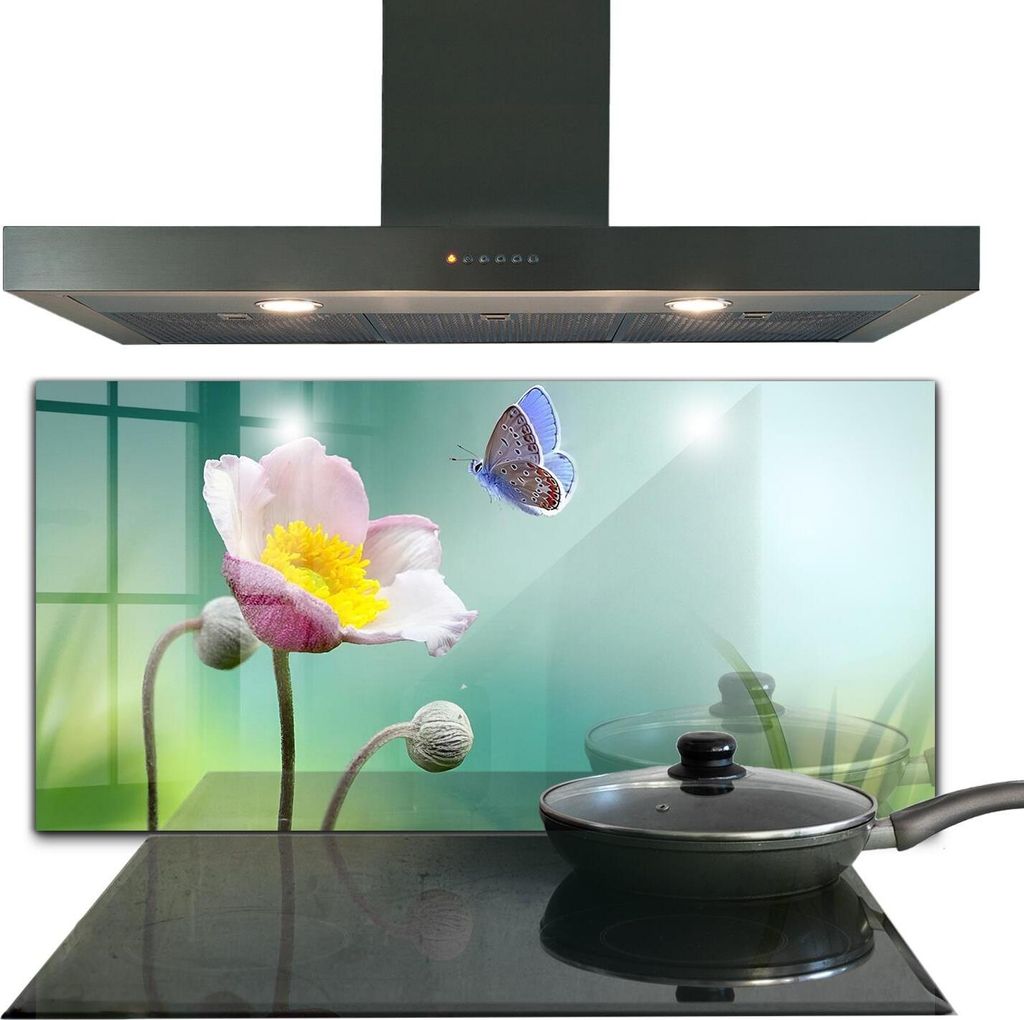 Spritzschutz aus Glas Küchenrückwand - Wandschutz für Herd und Spüle - 140x70 cm - Sommer Wiese Schmetterling Blume
