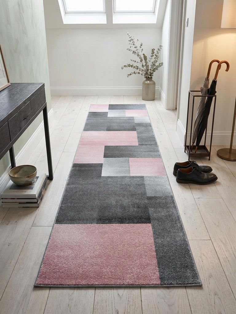 Teppich Kurzflor Karomuster Elegant Waschbar Strapazierfähig | Pink 80x150 cm Esszimmer Schadstoff Saugroboter | SOLDA – Kadima Design
