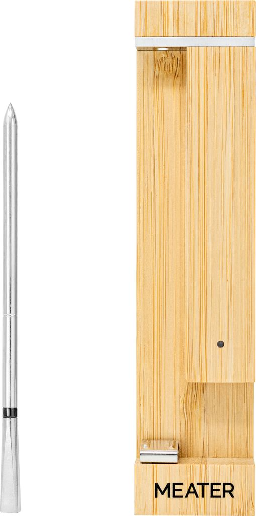 A thermometer probe and its charging/storage base are shown against a white background.