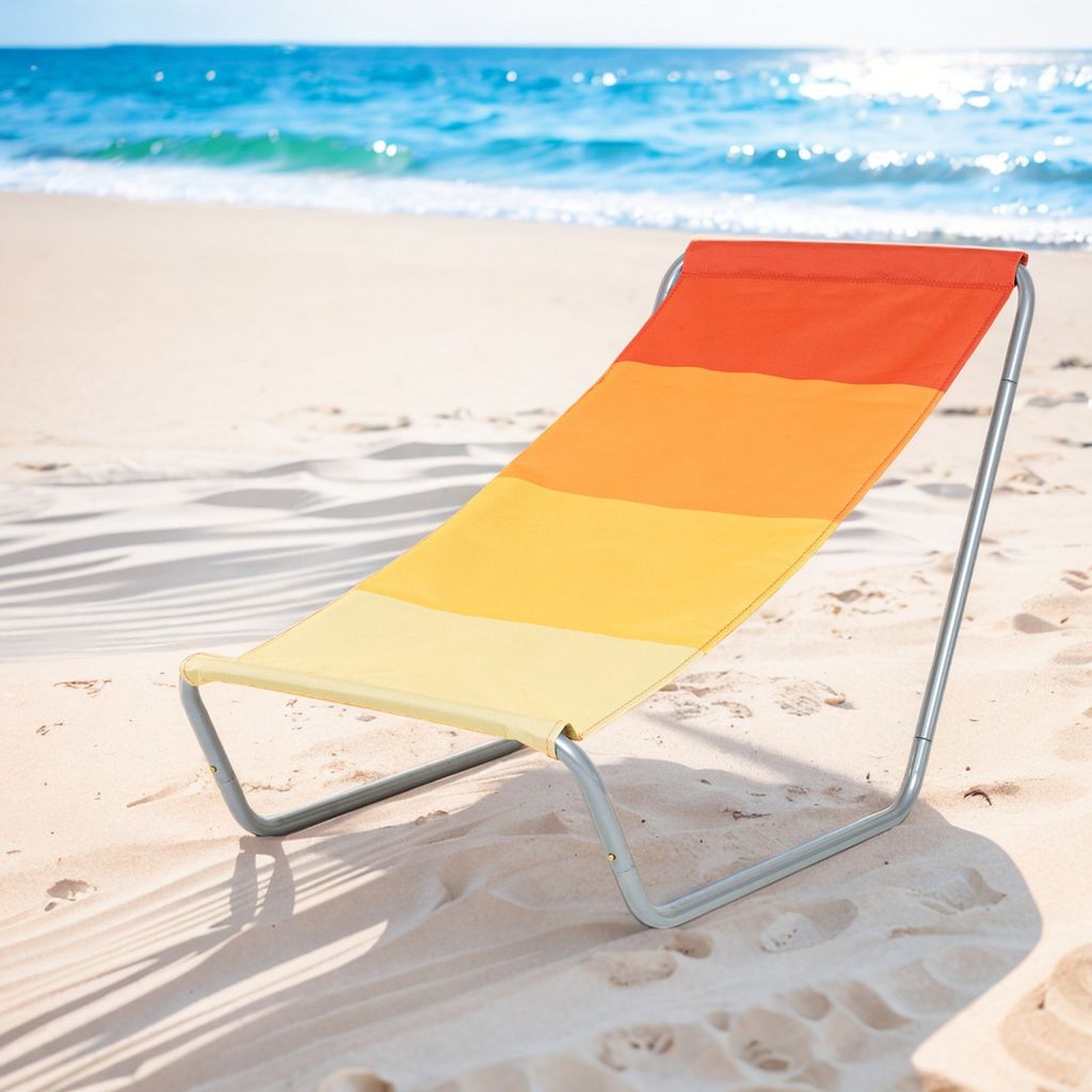 A colorful beach chair on a sandy beach with the ocean in the background.