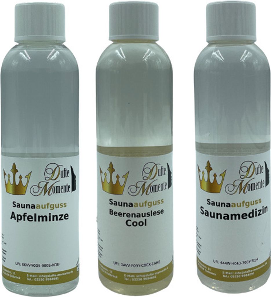 3 x 250ml Saunaaufguss mit fruchtig-frischer Note: Apfelminze, Beerenauslese Cool (Beere, Menthol) und Saunamedizin (Kampfer, Zitrone)