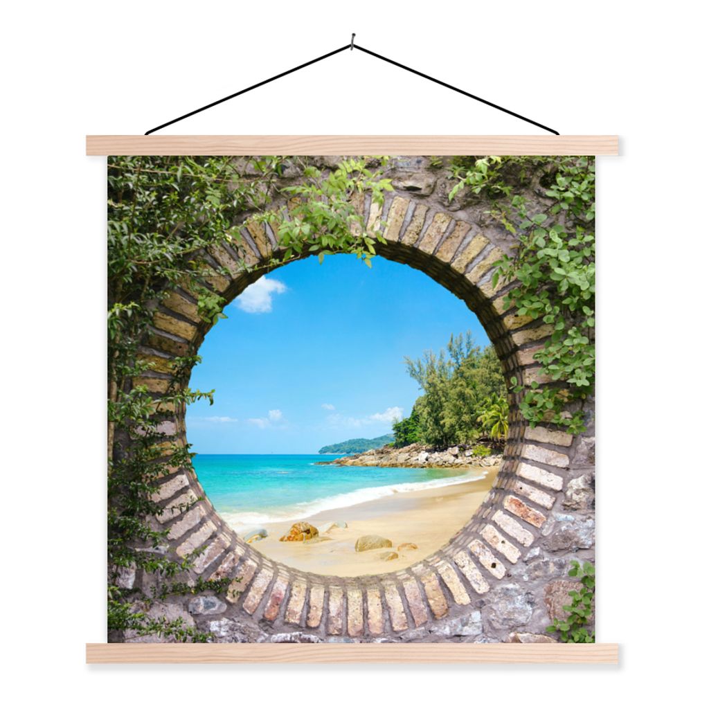 MuchoWow Textilposter Strand - Meer - Aussicht - Sommer 120x120 cm mit holzfarbenen Rahmen - Textil-Poster