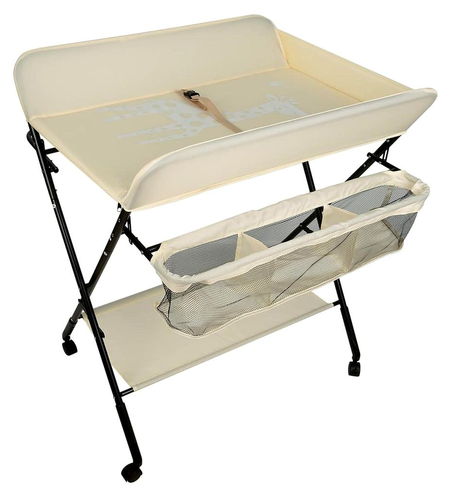 Wickeltisch Wickeltisch Klapptisch Wickeltisch mit Aufbewahrungskorb Sicherheitsgurt und 4 Rollen mit Bremse Höhenverstellbar Giraffe (Beige)