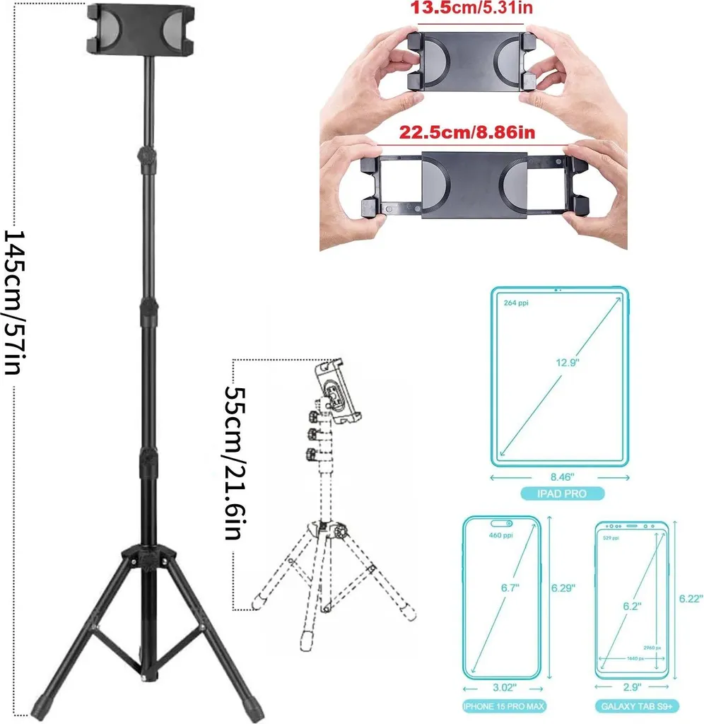 Supporto per tablet e smartphone - Treppiede da pavimento - Regolabile in altezza - Metallo - Per dispositivi da 20-33 cm - Verde oliva - 6