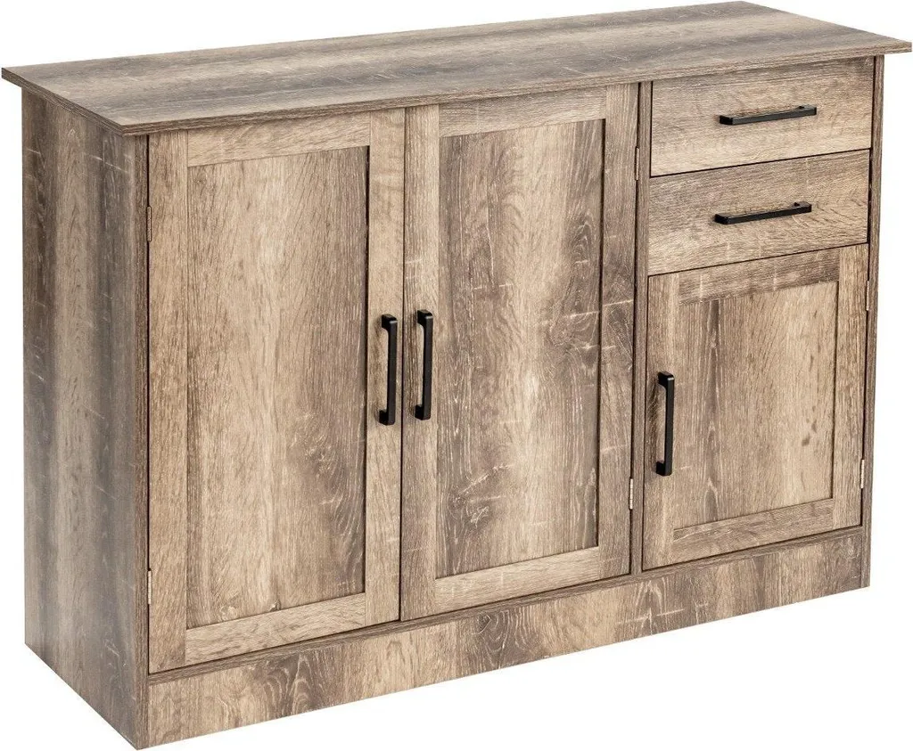 Bahut enfilade gris 3 portes et tiroirs, meuble de rangement moderne