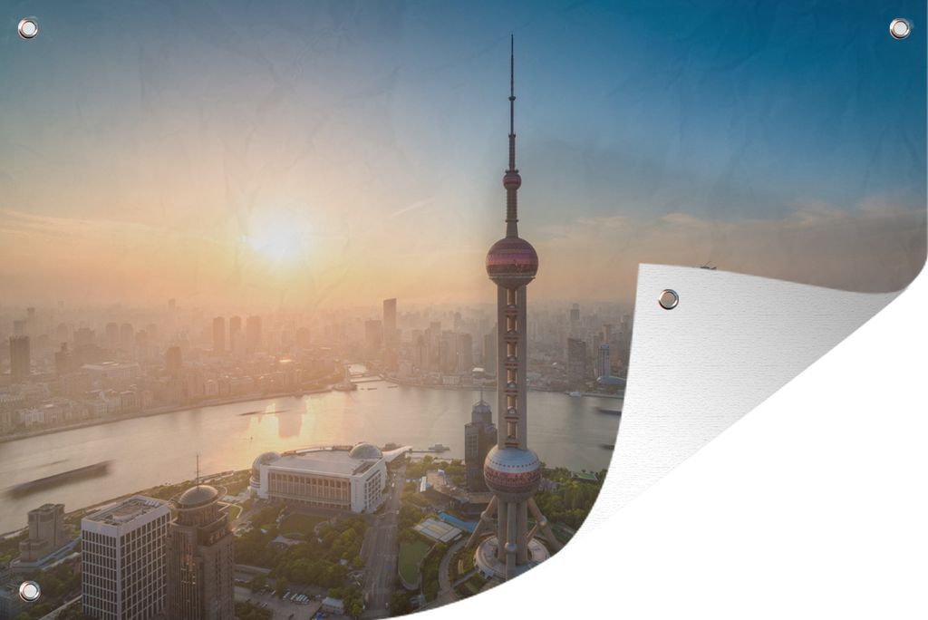 MuchoWow 120x80 cm Outdoor-Poster Gartendeko Sichtschutz Garten Poster für den Garten Oriental Pearl Tower in Shanghai während eines Sonnenauf...