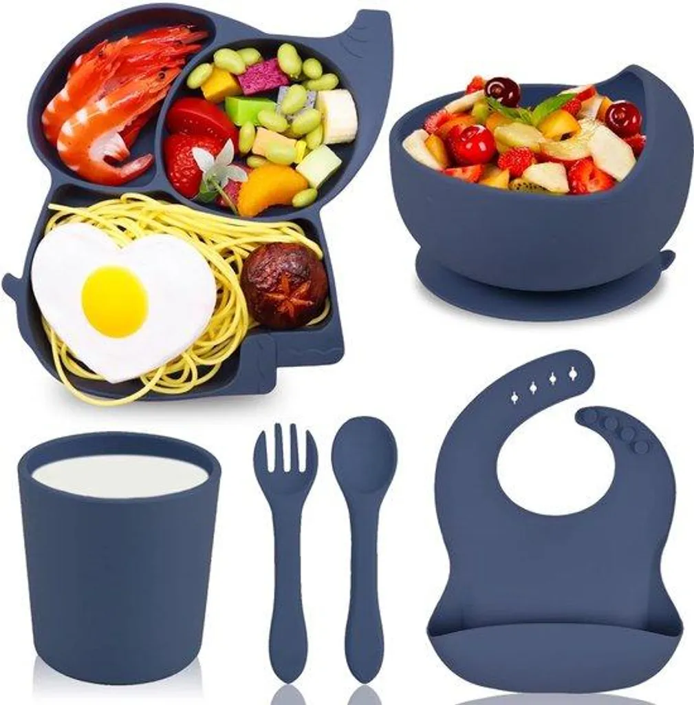 Set Diversification Alimentaire Bébé Silicone Bleu Bol Ventouse et Bavoir