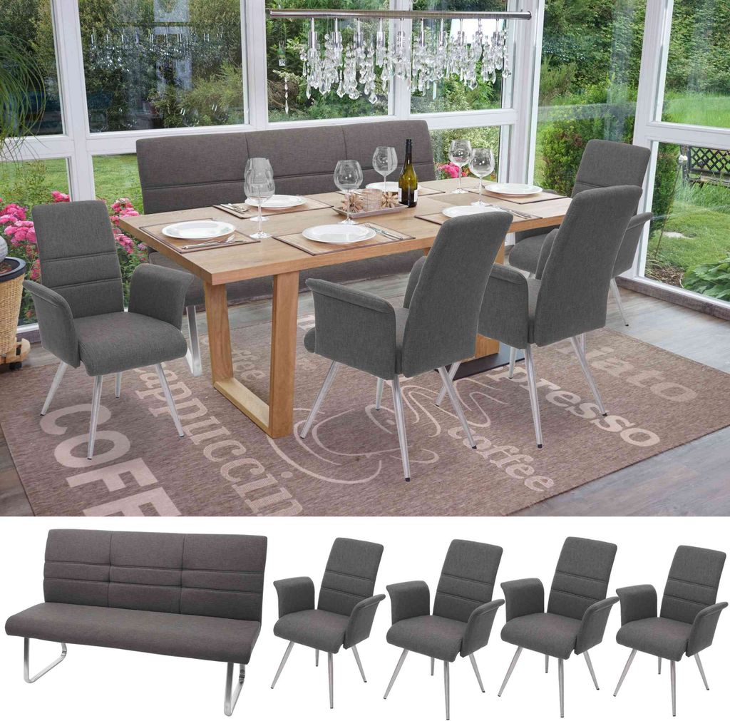 Set 4x Esszimmerstuhl+Sitzbank MCW-G55, Bank Küchenstuhl Stuhl+Armlehne, Stoff/Textil Edelstahl grau-braun Bank 180cm