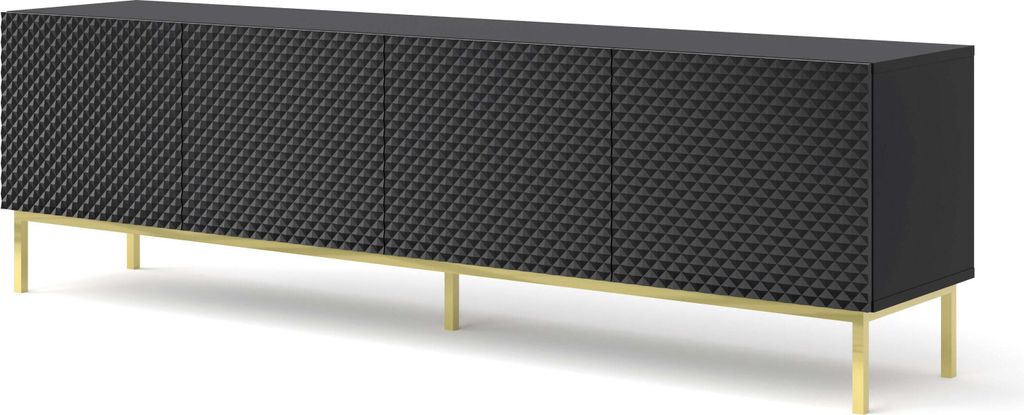 FURNLUX Tv-ständer Ravenna C Schwarz Und Glänzend Schwarz Und Gold 200cm / Hauptfarbe: Schwarz / Abmessungen: 200 x 58 x 42 cm
