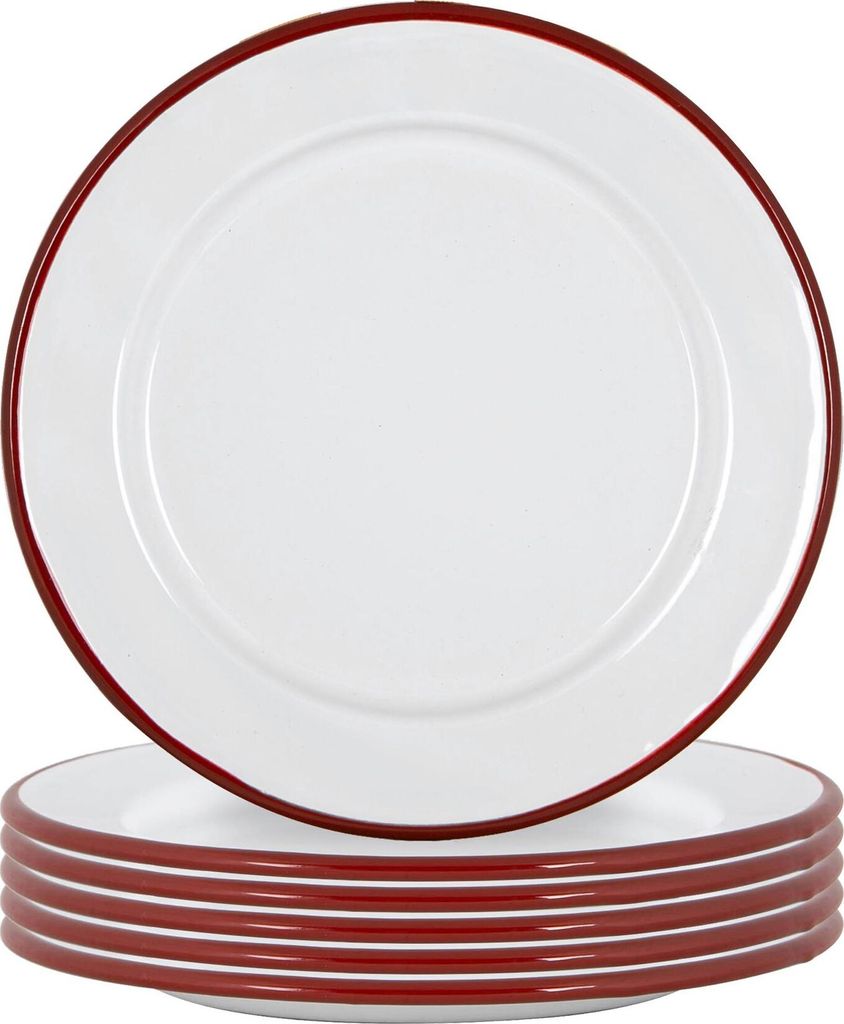 Argon Ta Weiße Emaille-Seitenplatten - Stahl Outdoor-Camping-Geschirr Geschirr - 20 cm - Rot - Packung mit 12