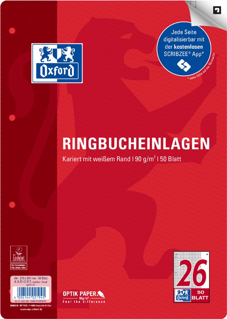 Oxford Ringbucheinlagen DIN A4 kariert 50 Blatt Lineatur 26 Produktbild 