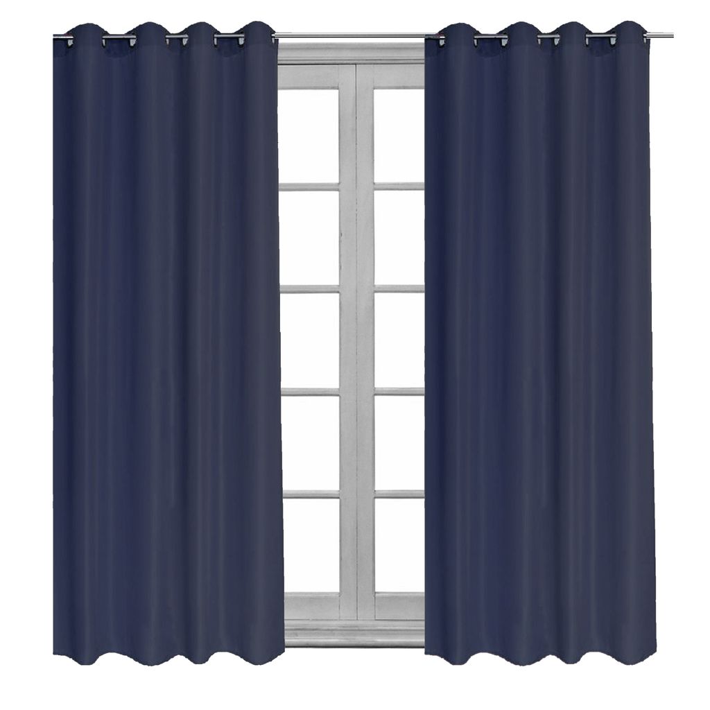 Two navy blue curtains hanging in front of a window.