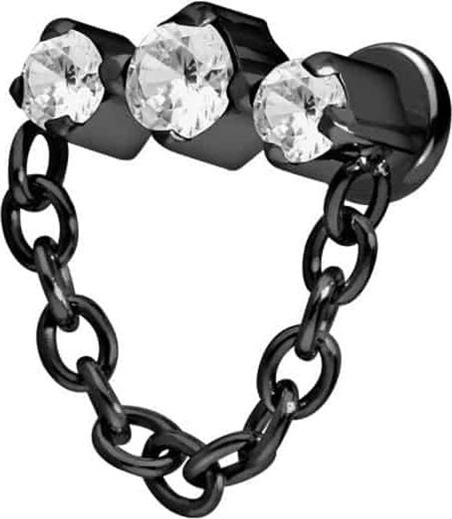 Ohrpiercing, Nasenpiercing Titan Labret mit Push Fit 3 EINGEFASSTE KRISTALLE + KETTE Schwarz Stablänge: 5mm | Stabstärke: 1mm