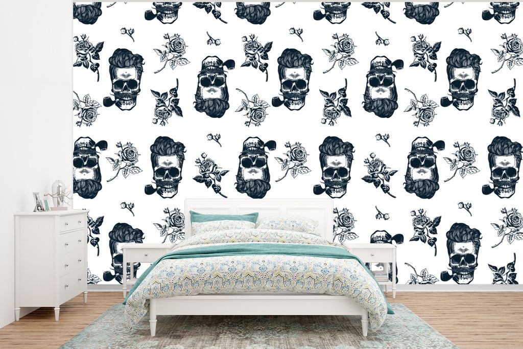MuchoWow Fototapete für Wohnzimmer oder Schlafzimmer Wandtapete Vinyl Motivtapete Muster - Totenkopf - Rosen - Piraten - Jungen - Kinder - Kinde...