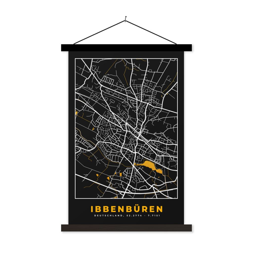 MuchoWow Textilposter Stadtplan - Karte - Ibbenbüren - Gold - Deutschland - Karte 40x60 cm mit schwarzem Rahmen - Wanddekorationen