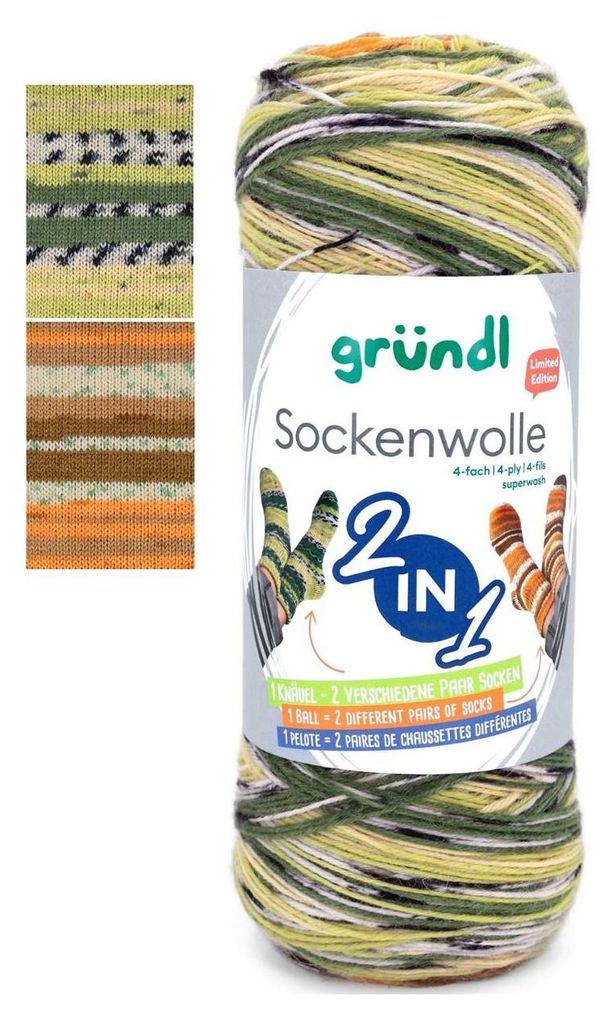 Gründl 2-in-1 Sockenwolle 75% Schurwolle/25% Polyamid 200g/840 m für 2 Paar Socken 03