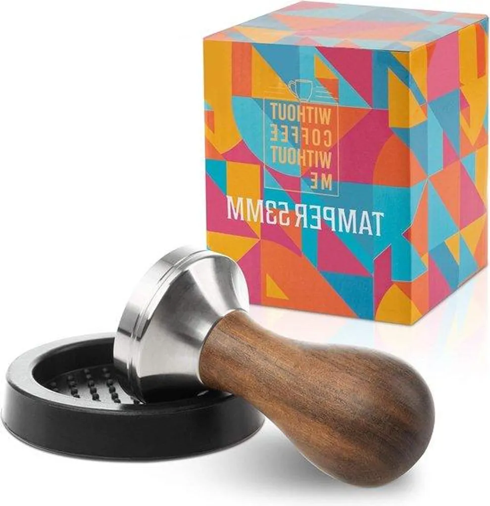 Tasseur à Café 53mm Inox et Bois avec Tapis de Pressage pour Barista