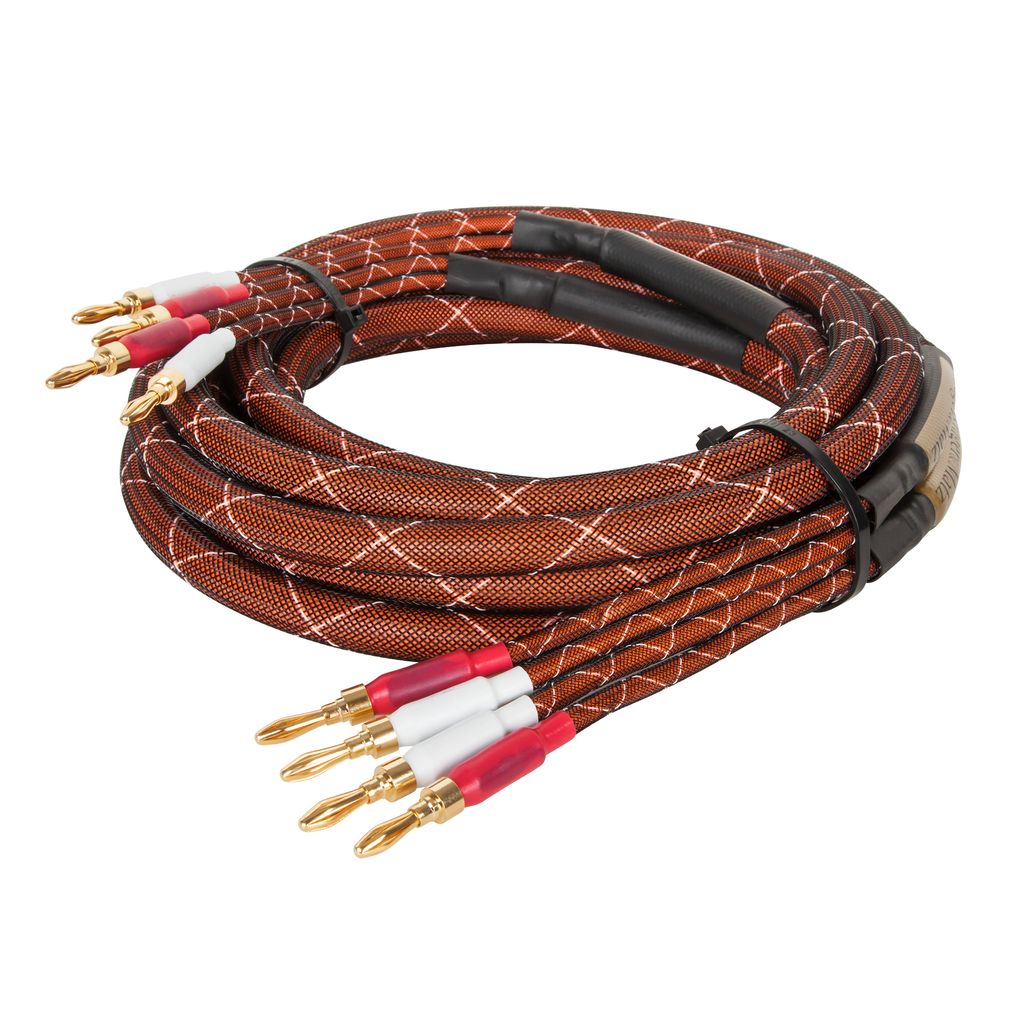 A coiled speaker cable with banana connectors on a white background.