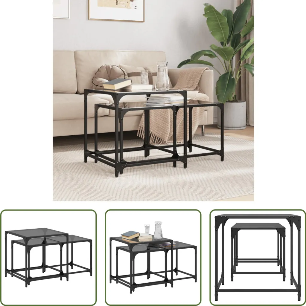 Set 2 Tavoli Living Store Vetro Nero Acciaio - Design Soggiorno Moderno