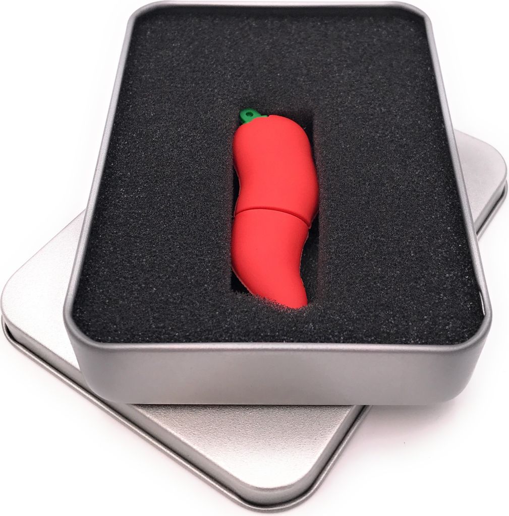 Onwomania Chilli Scharfe Schote mit Gesicht USB Stick in Alu Geschenkbox 64 GB USB 2.0
