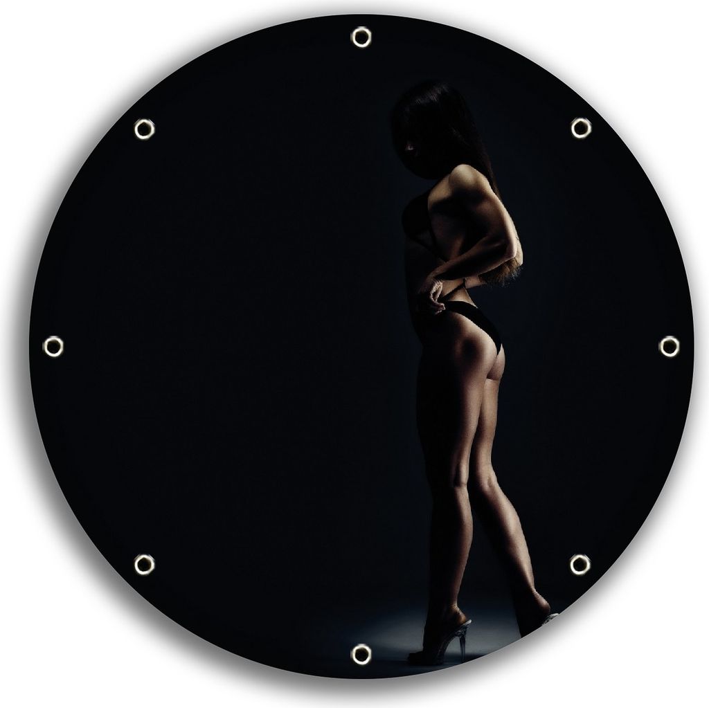 Wallario rundes Outdoor-Poster für Garten oder Balkon, Motiv Sexy Frau im Dunkeln - Schatten, Silhouetten, Muskeln, 30 cm Durchmesser
