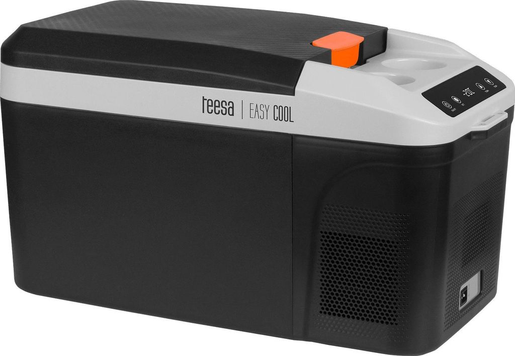 A black and white portable cooler with an orange handle and control panel.