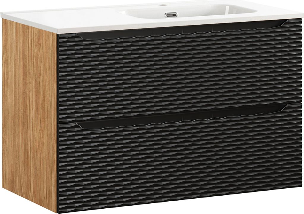 Waschtisch 90cm Elora mit 2 Schubladen, Schwarz und Holzoptik